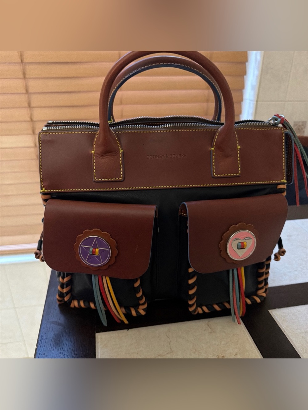 2005 Dooney & Bourke Bolero Western Satchel Black/Brown Leather Conchos New